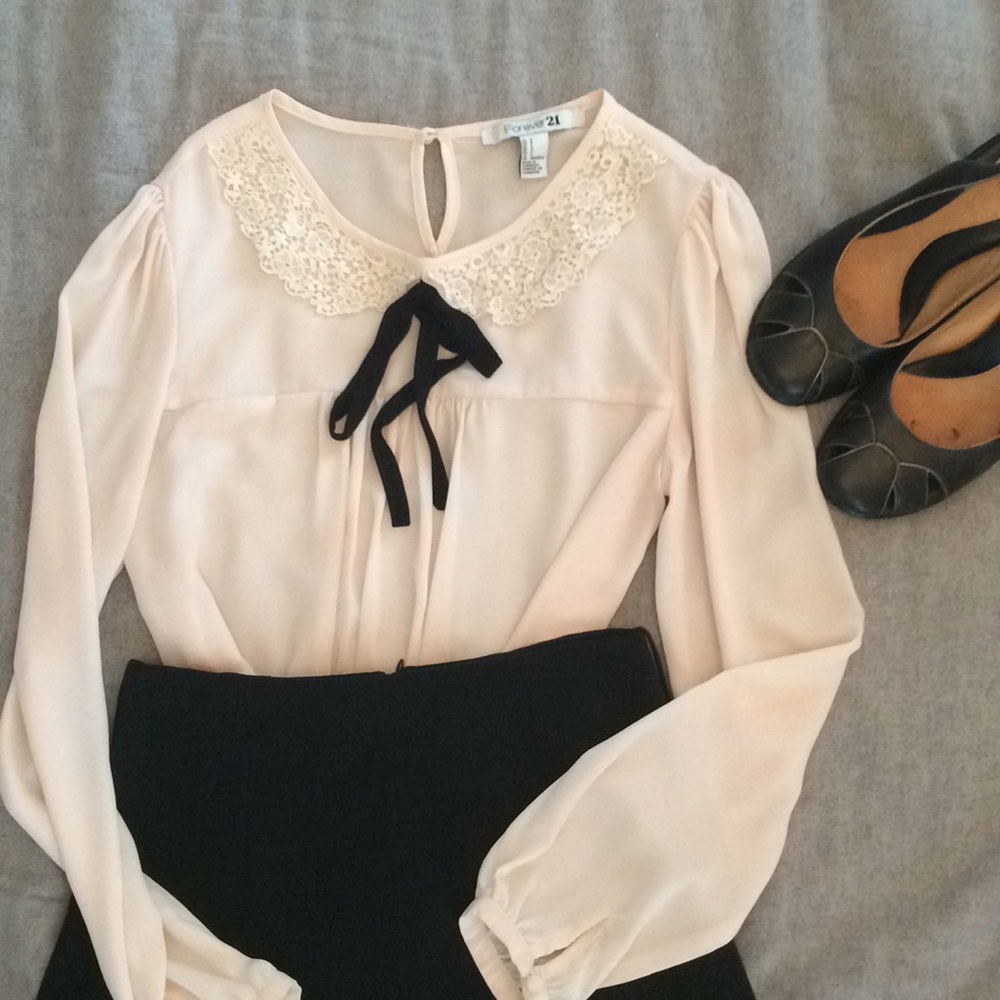 Cream blouse with black tie/ Peter Pan collar